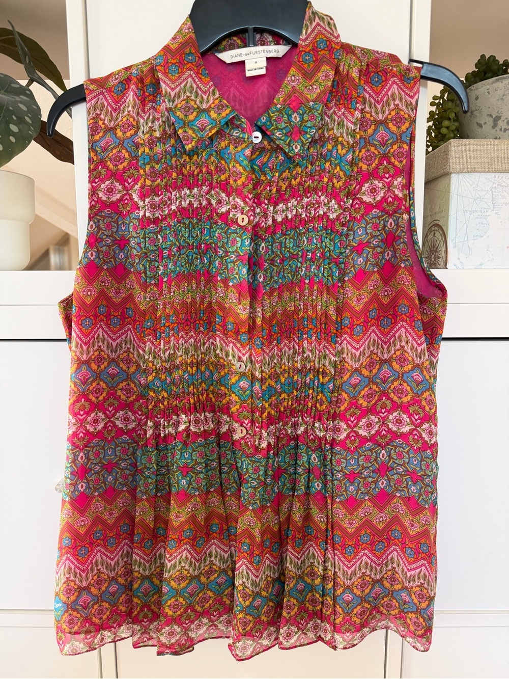Diane von Furstenberg Multicolor Silk Button-Down Tank Top Size 8